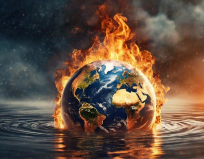 A burning earth partly submerged in water symbolises climate change and environmental hazards, AI