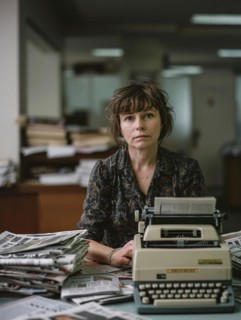 Woman focused on typing on a retro typewriter in an office setting, AI generated
