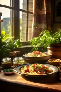 Schupfnudeln with sauerkraut and smoked bacon on a rustic stoneware plate, AI generated, KI