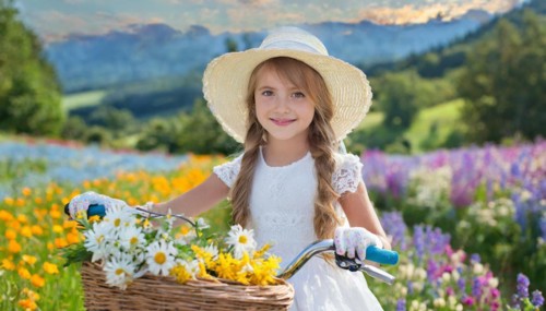 KI generated, A blonde girl rides her bike and enjoys the summer in a meadow with many flowers,