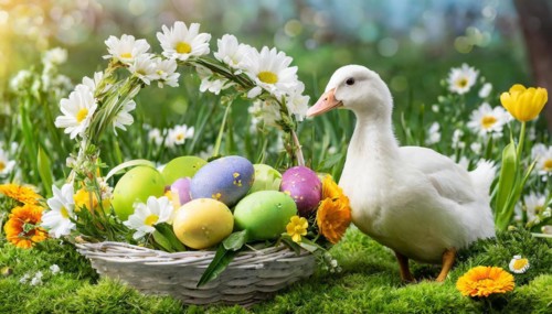 Ai generated, An Easter basket with coloured eggs in a meadow with colourful flowers, in the