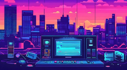 Website header blending retro pixel style elements and modern graphics pixelated icons, AI
