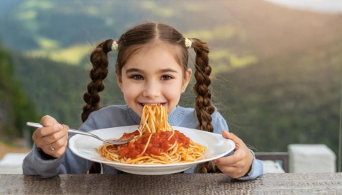 KI generated, A girl, 10, years, eats a plate of spaghetti with relish