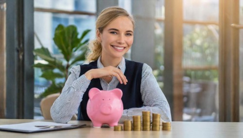 AI generated, A young woman, 20, years, saves money and coins for the future, provision, nest egg,