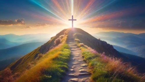 Footpath leading to a cross on top of the hill backlit by soft light beams. Heavenly beautiful