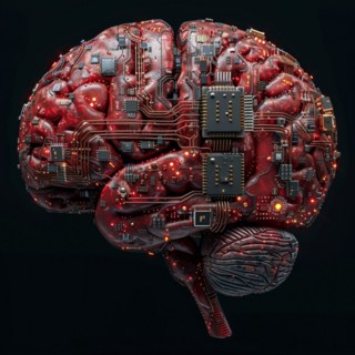 Medical a human head with brain and computer chip, symbol image KI in the human brain, ai