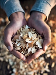 Holding woodchips in your hands, woodchips, renewable fuel, climate change, AI generated, AI