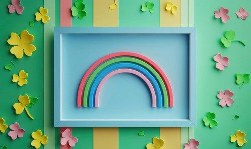 Paper art style with vibrant colors featuring a rainbow and clovers in a frame AI generated