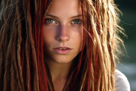 Portrait of young caucasian woman with blond and red dreadlocks hairstyle. KI generiert, generiert