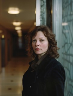 Woman with wavy hair wearing a coat indoors with a natural expression and subtle colors in the
