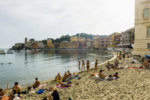 Village with beach and colourful houses by the sea, Baia del Silenzio, Sestri Levante, Province of
