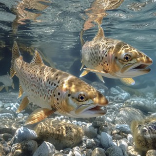 Salmon (Salmo salar) on the migration and swim up a stream in shallow, clear water, ai generiert,