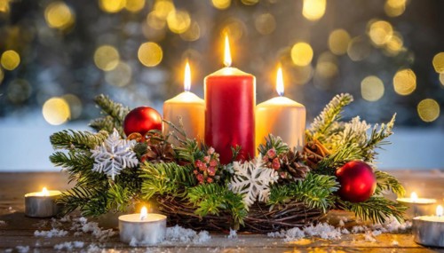 Ai generated, Advent wreath with burning candles, Christmas time, Christmas decoration, 3rd Advent,