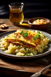 Maultaschen on a rustic wooden table with crispy onions on top, AI generated, AI generated