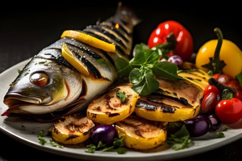Branzino fish grilled glistening with oils side of lemon herb dressing, AI generated