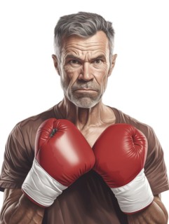 Illustration, an older man with boxing gloves looks confidently and resolutely into the camera,