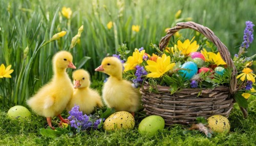 Ai generated, An Easter basket with coloured eggs in a meadow with colourful flowers, three