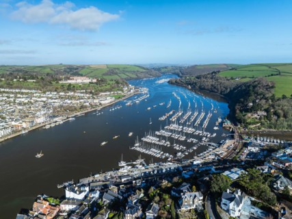Dartmouth and Kingswear over River Dart from a drone, Devon, England, United Kingdom, Europe