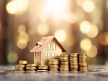 Small model house standing behind a pile of coins, symbol image for house money, loan, mortgage,