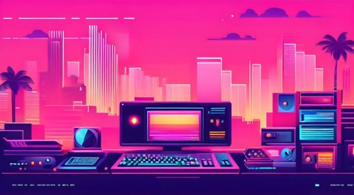 Website header blending retro pixel style elements and modern graphics pixelated icons, AI
