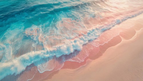 Pastel colors background of ocean foamy waves hitting the sandy beach. Exotic serene blue sea,