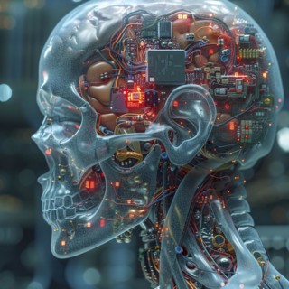 Medical a human head with brain and computer chip, symbol image KI in the human brain, ai