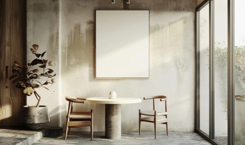 A tranquil modern room with a round table, chairs, a plant, and an empty frame on a textured