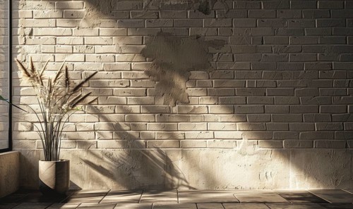 Morning light creates serene shadows on a brick wall with a simple vase as a focal point AI