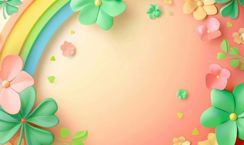 Soft pastel colored background with a gentle rainbow, clovers, and flowers AI generated