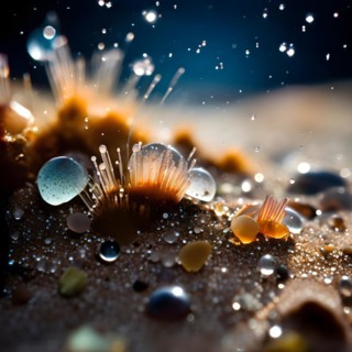Sand samples speckled with microplastics magnified under a microscope, AI generated