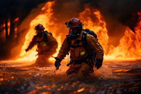 Firefighters douse roaring flames in a sprawling wildfire, AI generated