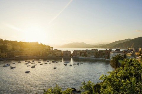 Village with colourful houses by the sea, sunset, Baia del Silenzio, Sestri Levante, Province of