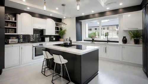 KI generated, A new black and white fitted kitchen has just been installed