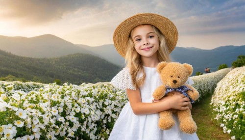 Ai generated, A blonde girl, 8 years old, enjoys the summer in a meadow with lots of flowers and is