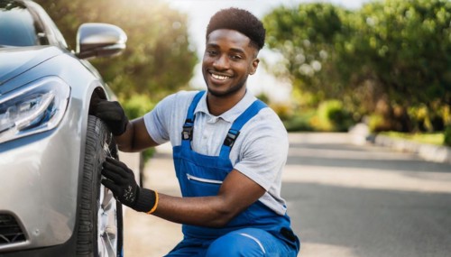 AI generated, A mechanic changes the tyres on a customer's car, tyre fitting, silver car