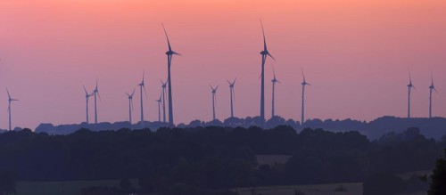 Wind turbines in the sunset, Schoenberg, Mecklenburg-Vorpommern, Germany, Europe