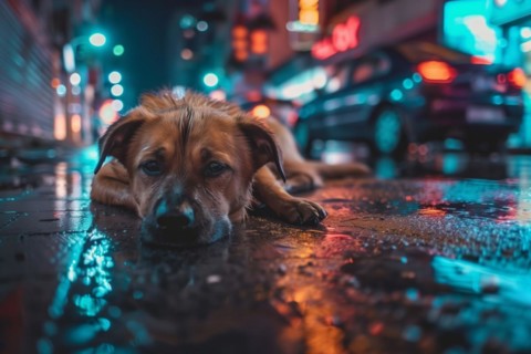 An abandoned, stray, young mixed-breed dog lies on a wet road at night and looks sad, AI generated,
