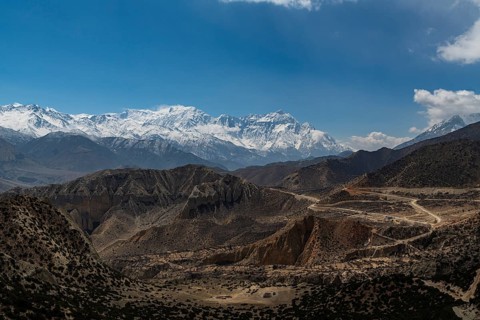 Barren mountain scenery before the Annapurna mountain range, Kingdom of Mustang, Nepal, Asia