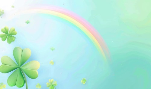 Soft-hued rainbow with scattered clovers on a gentle light background AI generated