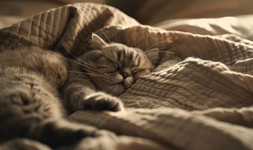 Close-up of a sleeping cat on a comfy beige bedding in sepia tones AI generated