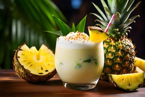Tropical smoothie with pineapple coconut milk dash of lime served in coconut shell bamboo, AI