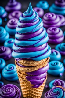 Galaxy themed ice cream cone swirling blues and purples edible glitter star shaped candies, AI