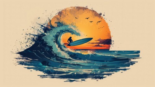 Silhouette of a surfer riding a vibrant wave at sunset with splatter effects, ai generated, AI