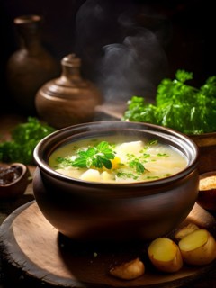 Potato soup steaming in a rustic earthenware bowl garnished with vibrant fresh herbs, AI generated