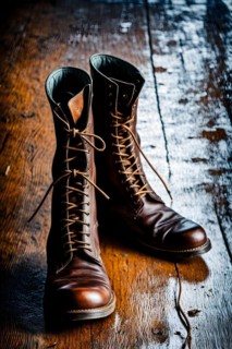 Well worn leather boots creased and scuffed narrative of adventure standing on expansive floor, AI