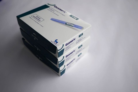 Boxes of the drug Ozempic stacked on top of each other, for diabetes 2 patients, Stuttgart,