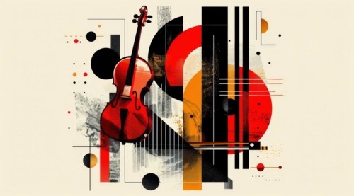 Abstract violin merged with geometric shapes in red, black, and beige tones, ai generated, AI