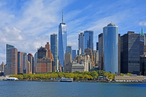 Skyline with skyscrapers in the Financial District, Battery Park in the foreground, One World Trade