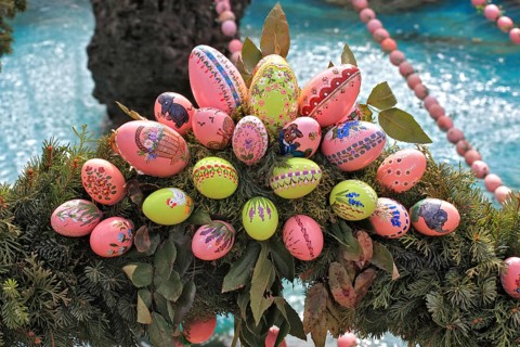Detail of an Easter fountain in Franconian Switzerland, Bamberg district, Upper Franconia, Germany,