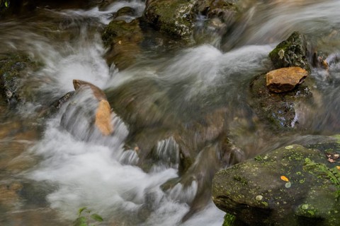 Small water fall cascading down rocks in the middle of a small mountain stream in Guam